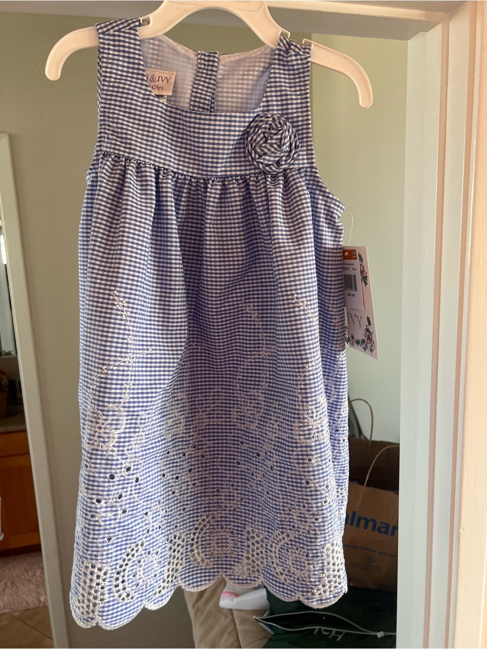 Iris &Ivy Blue and White Gingham Embroidered Dress with Rosette